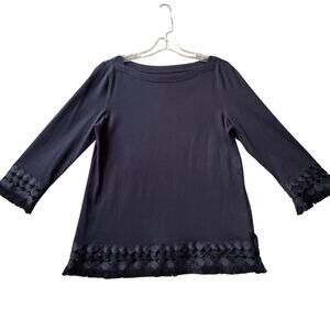 Talbots Popover Scoop Neck Embellished Fringe Hem Pima Cotton Top Women S Blue